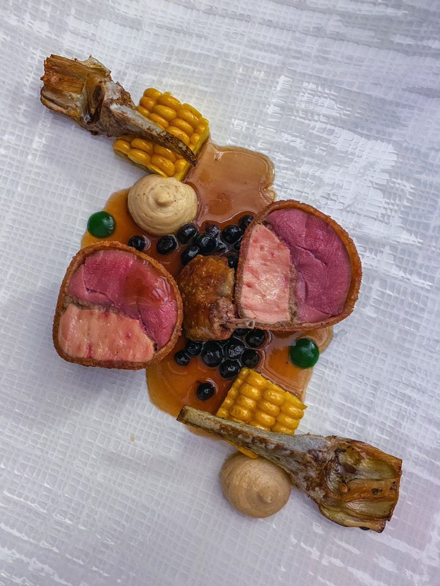 Pigeonneau "Excellence Miéral" & foie gras en croûte de pain d'épices, mais & artichaut, jus à la myrtille