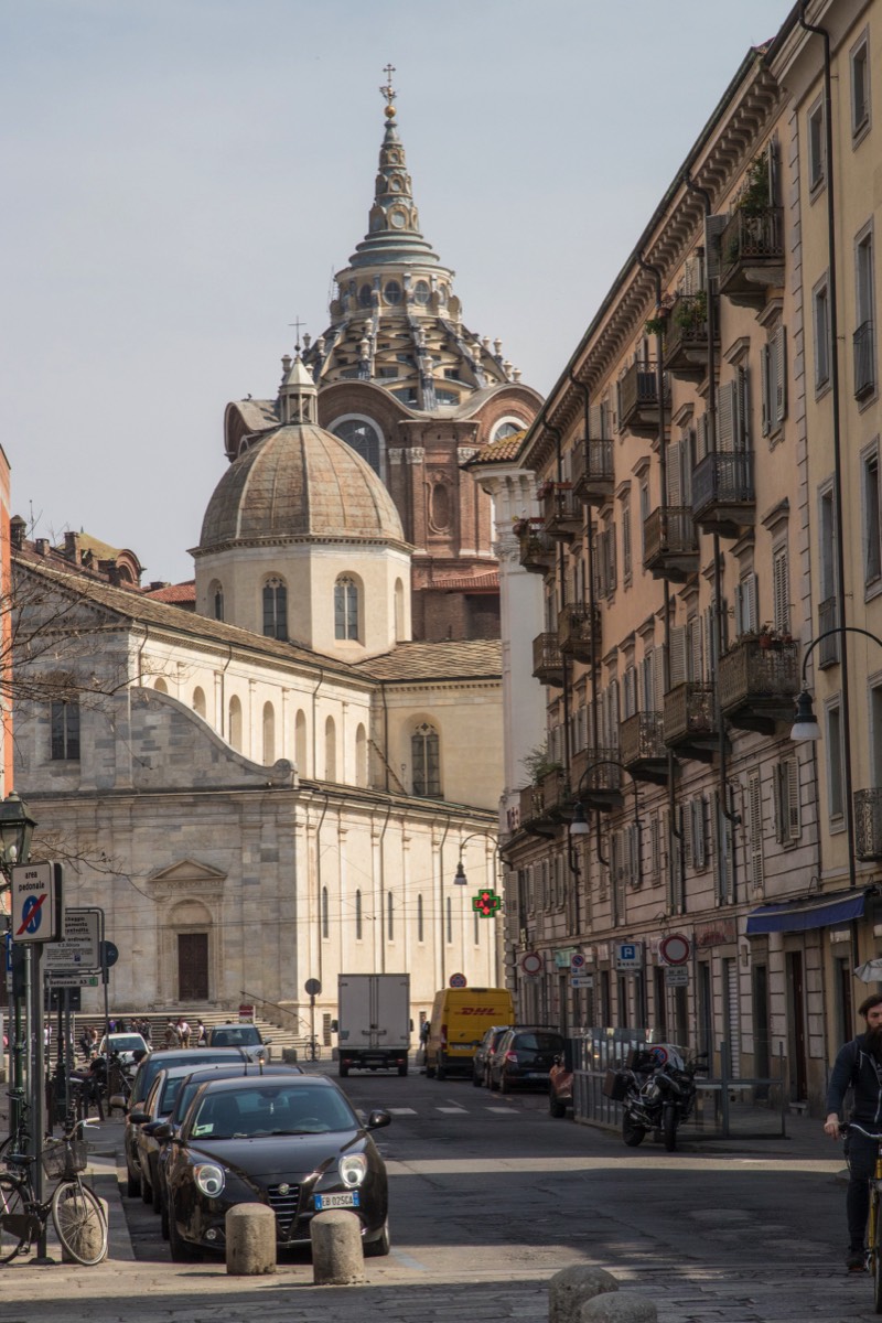 Turin street view with the cathedral of John the Baptist