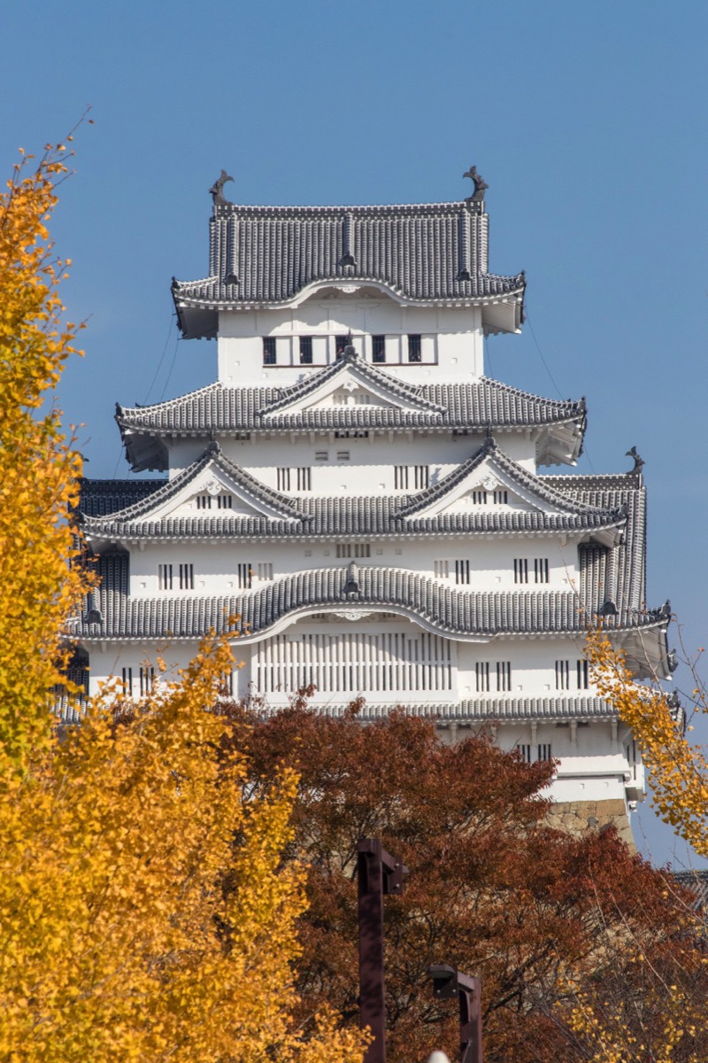 View of Himeji castle that seems to look to the right with it's 5 eyes