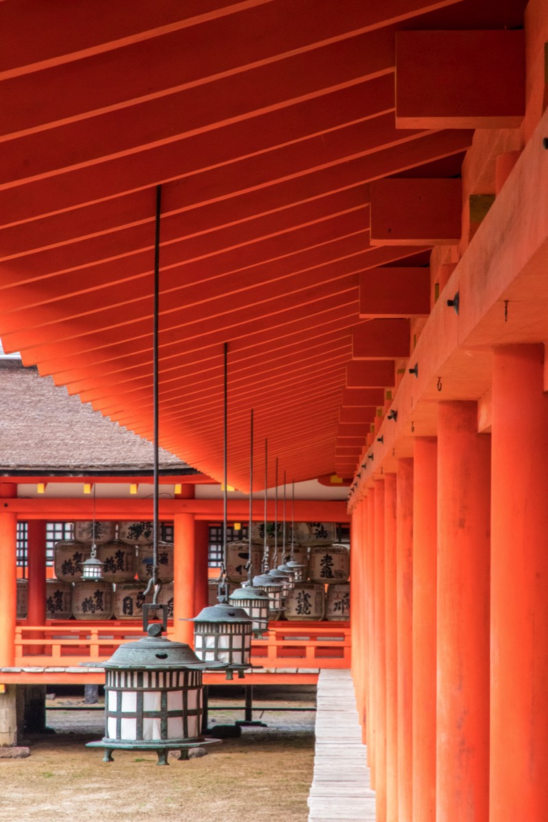 Pillars and lanterns at Itsukushima Shrine
